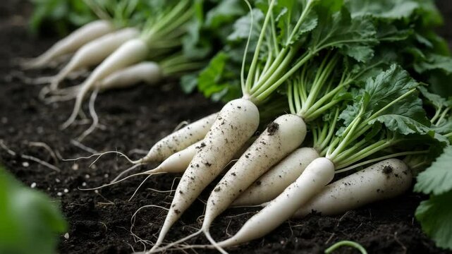 Bunch of organic daikon with green tops from the garden
