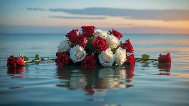 In remembrance of the souls lost at sea, funeral flowers are released into the water. Theme of faith and spirituality