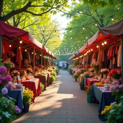 Vibrant Outdoor Market - Flowers and Clothing Stalls. Ideal for local event websites, shopping and retail advertisements, vibrant graphic designs, lifestyle blogs about outdoor activities