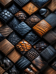 Textured wood and leather squares arranged in an artistic pattern showcasing various designs and colors