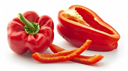 Fresh red bell pepper whole sliced isolated on a white backdrop highlighting crisp texture and rich color