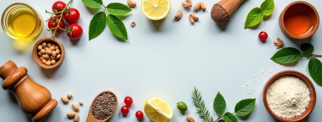 Immunity Boosting Food Frame - Text Space. Ideal for health and wellness websites with text overlays, natural food and supplement advertisements with product information