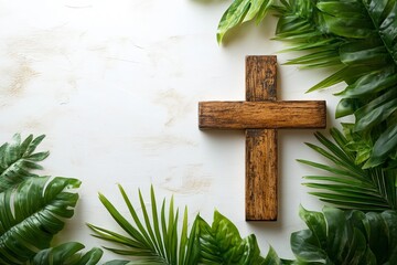 A basic wooden cross accompanied by a palm frond set against a white background, ideal for religious imagery