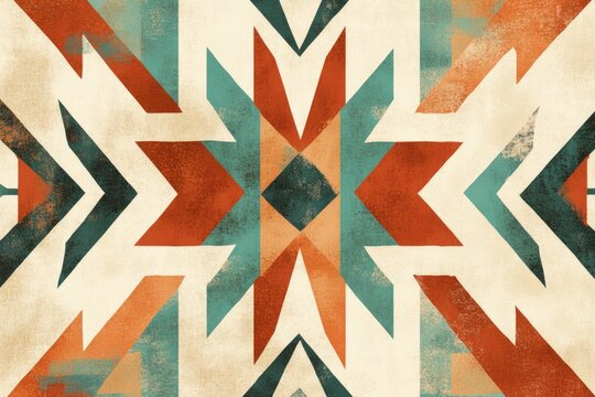Abstract geometric pattern with warm and cool tones, featuring arrows and a central starburst design.