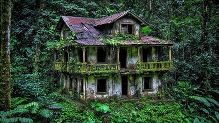 Overgrown, decaying house in lush jungle