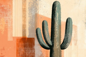 Stylized illustration of a saguaro cactus against a textured, earthy background.