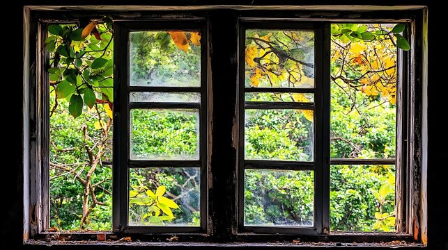 Overgrown foliage viewed through aged window panes