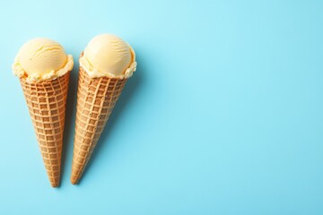 The image consists of two ice cream cones, one yellow and one pink, set against a light blue background