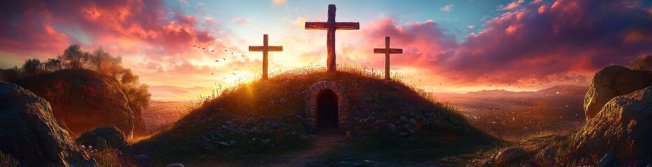 A vibrant red sunrise served as the backdrop for three silhouetted crosses