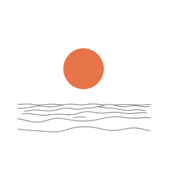 A continuous line drawing in modern illustration form captures the serene scene of a sunset on the sea