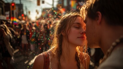 A young couple leans in for a kiss amidst the excitement of a pride parade. Colorful decorations and joyful participants fill the vibrant city street, highlighting love and inclusivity