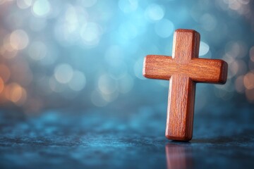 Against a gentle, sunrise-inspired background, a wooden cross is prominently displayed