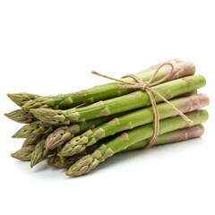 A bundle of fresh green asparagus tied with twine isolated on white background