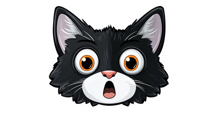 Cartoon cat face appears shocked with wide eyes and open mouth against a black background.