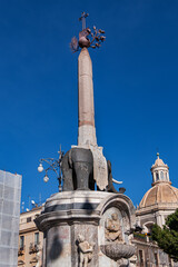 Fototapeta premium The Elephant Fountain (Fontana dell'Elefante, 1736) is a monument located in the center of Piazza del Duomo, symbol of the town. Catania, Sicily, Italy.