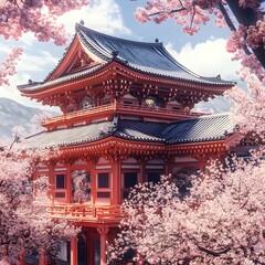 Obraz premium A Buddhist temple surrounded by cherry blossoms spiritual place