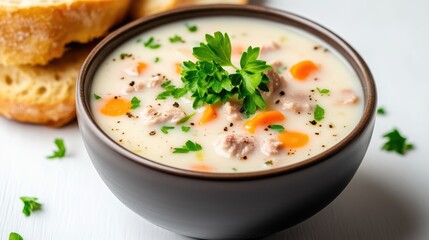 Creamy, comforting soup with fresh herbs and bread