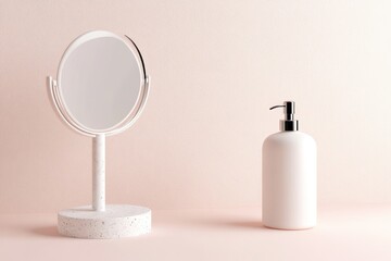 Modern vanity accessories on a soft pastel background
