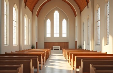 Fototapeta premium Empty church interior with rows of wooden pews. Sunlight streams through tall arched windows illuminating architectural details. Place of worship for ceremony meditation peace.