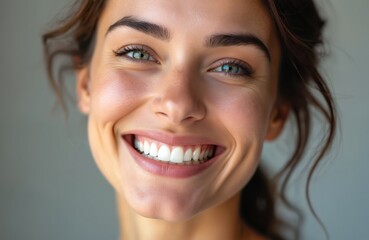 Close-up of smiling woman with bright, white teeth. Healthy smile, dental aesthetics, perfect teeth, happiness expression, beauty, healthy lifestyle. Zirconium implants, dental care, dentistry,