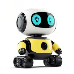  Compact yellow robot with treads and digital face