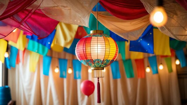 Vibrant flags and a balloon, festive decoration.