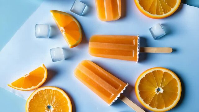 DIY orange popsicles with orange slices on paper set against a blue background. Aerial view