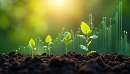 Young green plants growing in soil, financial growth chart background. Concept development, business success, investment, finance. Increase money, rising profit. Eco-friendly, sustainable business,