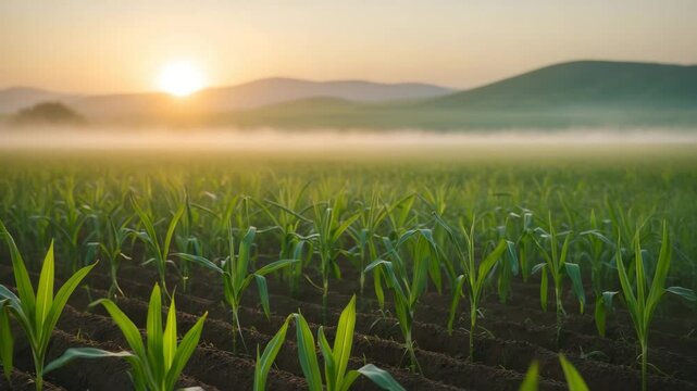 MAIZE SEEDLINGS. The sun rises over a seedling field amid drought conditions. The young plants show early signs of stress and will wilt without timely rain.