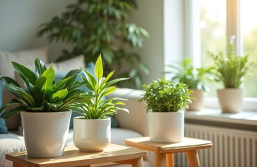 Fototapeta premium Living room interior filled houseplants in white pots on side tables. Various green plants thrive, sunlight streams through window. Natural green plants adds touch of nature home decor.