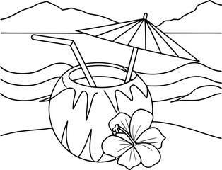 Beach Scene with Tropical Drink, Umbrella, and Hibiscus Flower Outline

