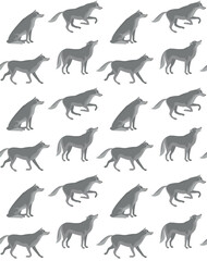 Vector seamless pattern of flat hand drawn wolves isolated on white background