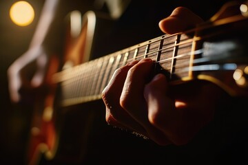 Fototapeta premium Close-up of a hand playing an acoustic guitar, illuminated by warm stage lighting.