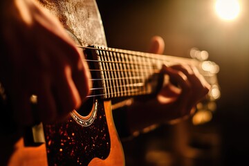 Fototapeta premium Close-up of hands playing an acoustic guitar, warm lighting, musical performance.