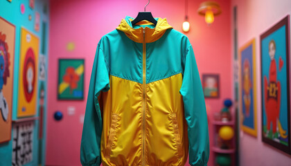 Fototapeta premium Vibrant 90s windbreaker jacket hangs in colorful setting, trendy fashion. Turquoise-yellow color block design, casual retro wear, displayed in brightly lit room. Youthful apparel, pop art inspired