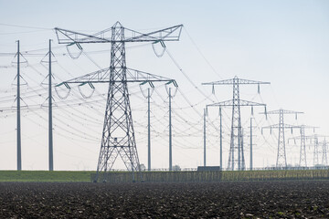 High-voltage lines and power towers, power transmission from nuclear energy plant in Zeeland,...