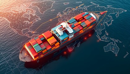 Aerial view of cargo ship, global trade routes, world map background, container vessel, international shipping, digital overlay, data visualization