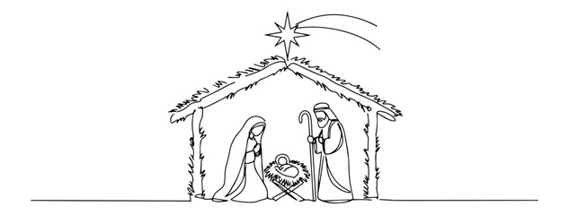 minimal line art of nativity scene with baby Jesus, Mary and Joseph under a star