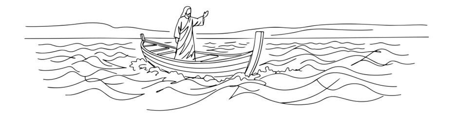 jesus standing in a boat on waves, calming the storm in continuous line religious vector