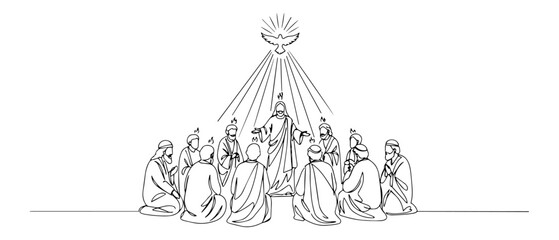 continuous line vector of apostles receiving the holy spirit, symbolic pentecost scene