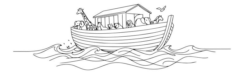 hand drawn vector of noah's ark with animals, minimalist biblical flood story illustration