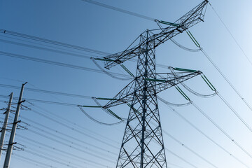 High-voltage lines and power towers, power transmission from nuclear energy plant in Zeeland,...