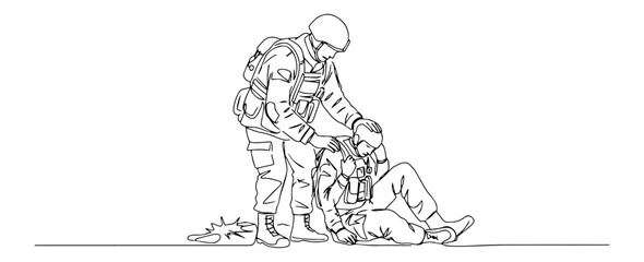 line drawing of soldier supporting wounded companion on ground in war zone, military vector