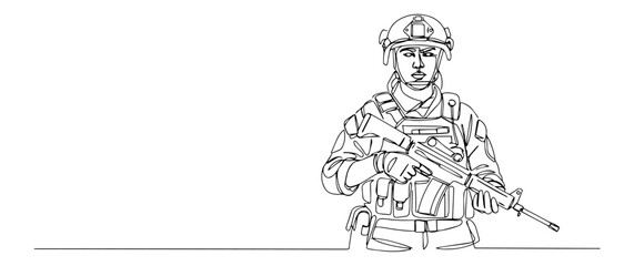 lineart of armed soldier in tactical uniform with rifle, black and white vector military style