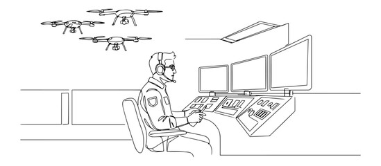 line art vector of soldier operating surveillance drones at a military control center with monitors