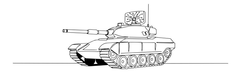 clean line art vector of a modern battle tank with cannon and turret, military armored vehicle