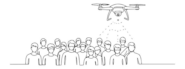 Monoline Surveillance Drone Scanning Crowd – Minimal Line Art Vector