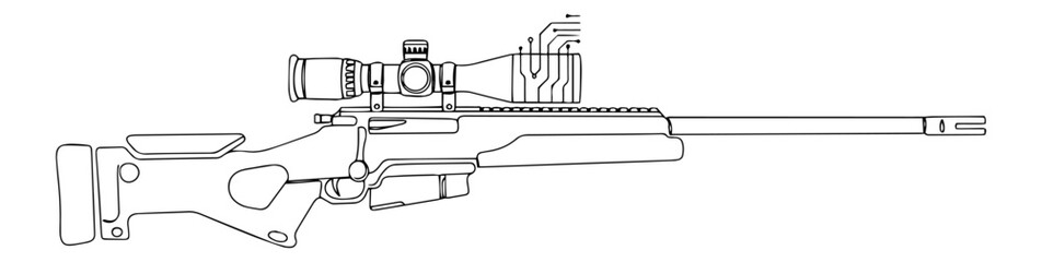 vector line art of sniper rifle with scope, black and white firearm illustration in minimal style