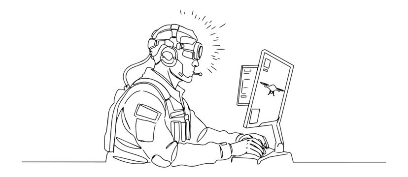 soldier using computer, black and white line art clip art preview