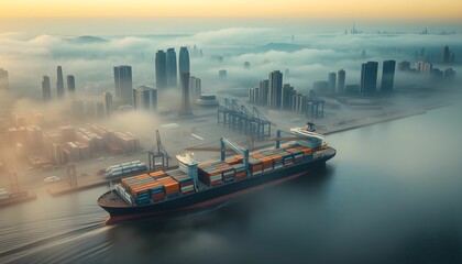 Fototapeta premium Aerial view, majestic cruise ship, golden morning light, misty sea, city skyline, fog rolling over water, dawn breaking, urban coastline, vibrant sunrise colors